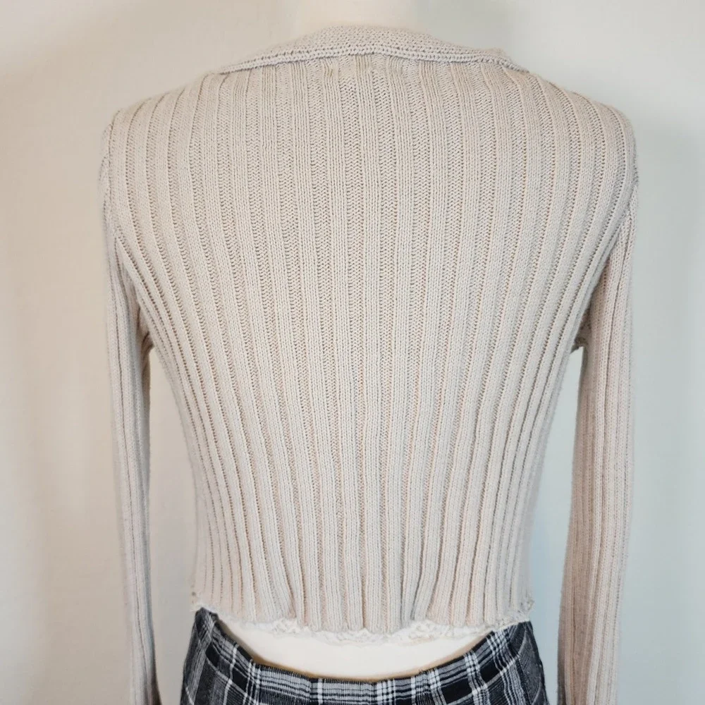 RSQ Collective Knit Cardigan Sweater‎ Women's L Brown Buttons Ribbed Beige Top